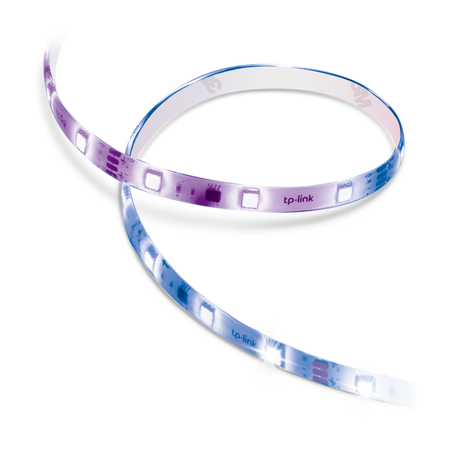 Striscia luminosa LED TP-Link arrotolata, con illuminazione blu e viola, su sfondo bianco, che mostra la sua flessibilità.