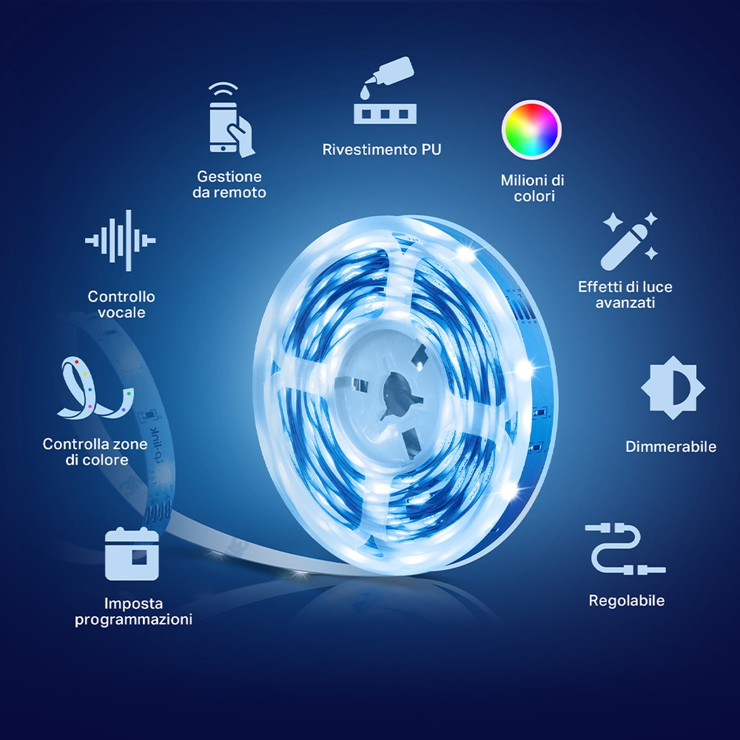 Una striscia luminosa a LED blu con icone che indicano funzioni come il telecomando e le opzioni colore.