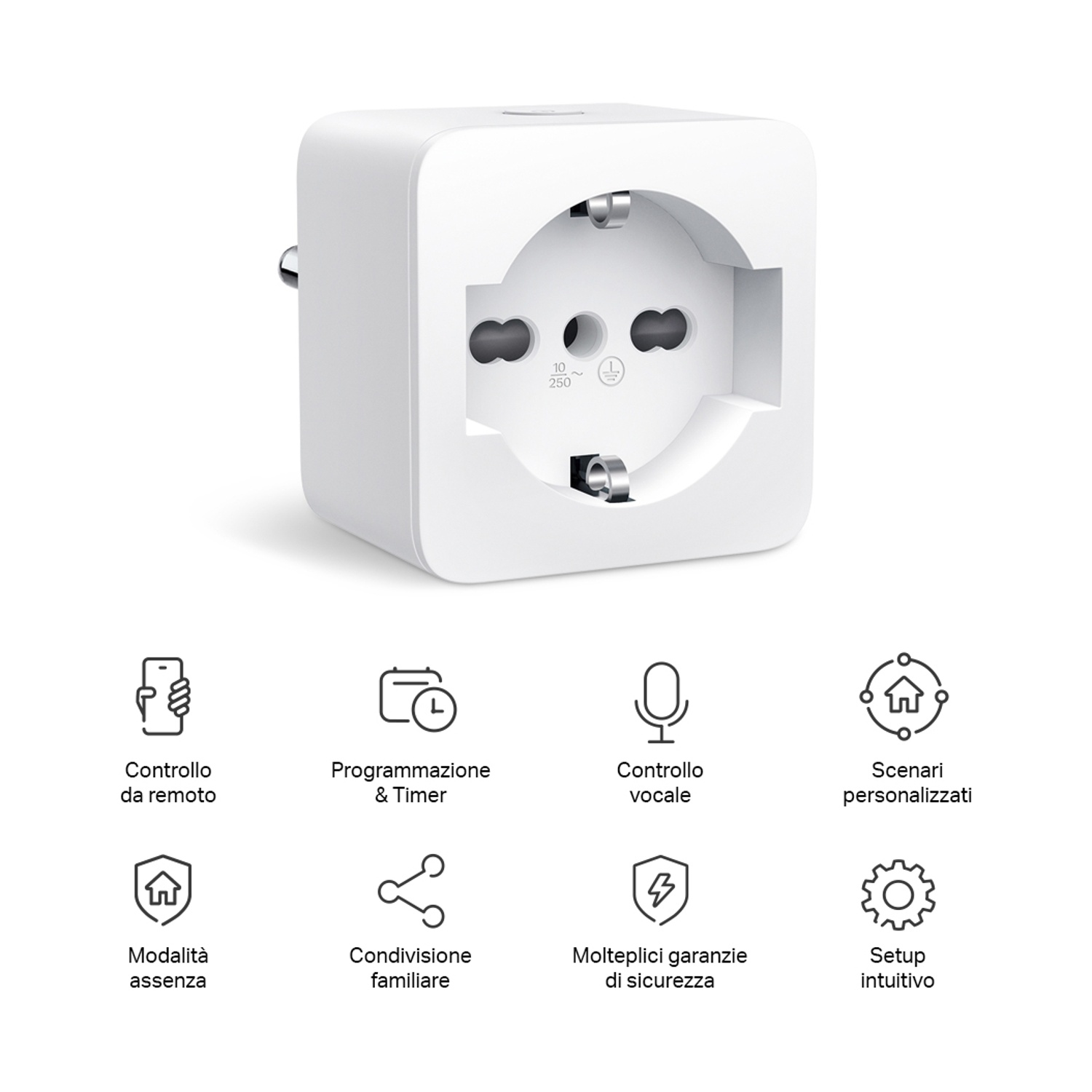 Spina intelligente bianca con icone che mostrano telecomando, timer, controllo vocale e altro.
