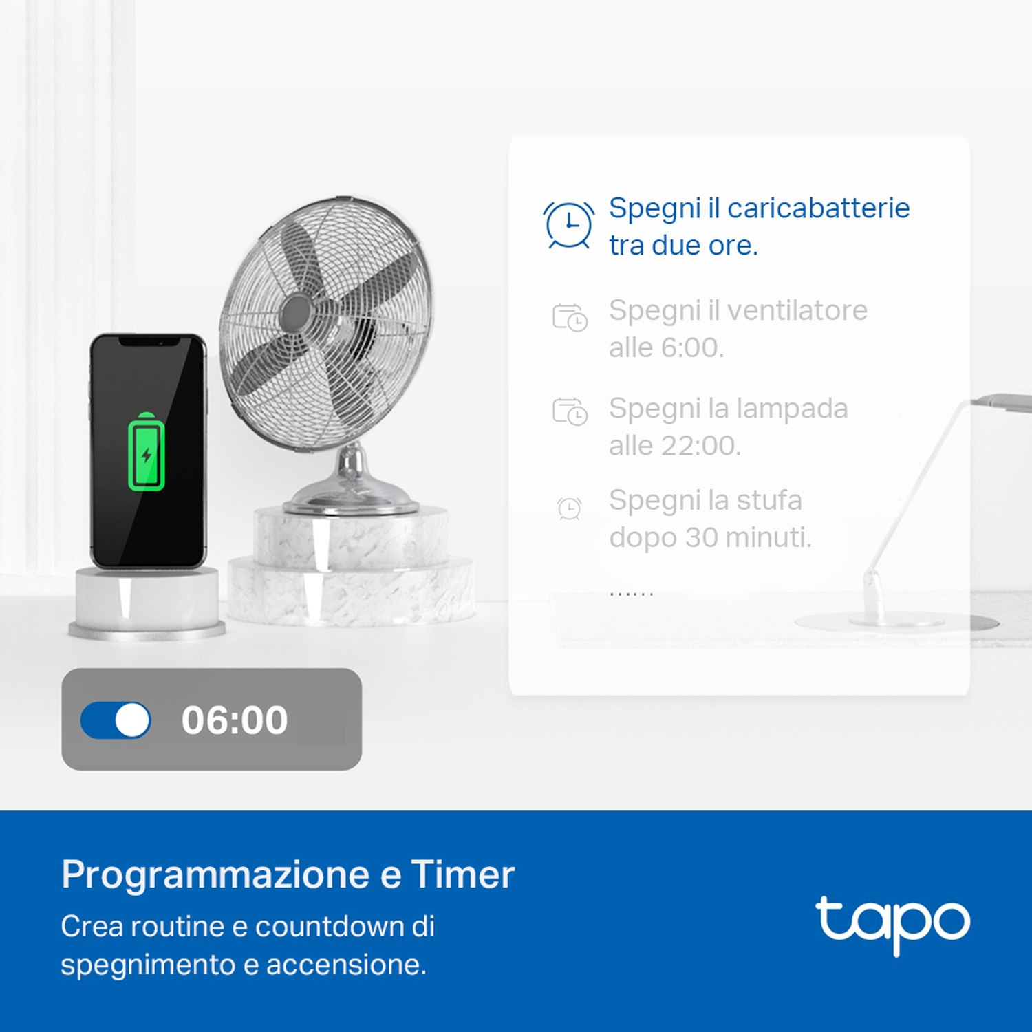 Un telefono in carica vicino a un ventilatore, con un timer sullo schermo.