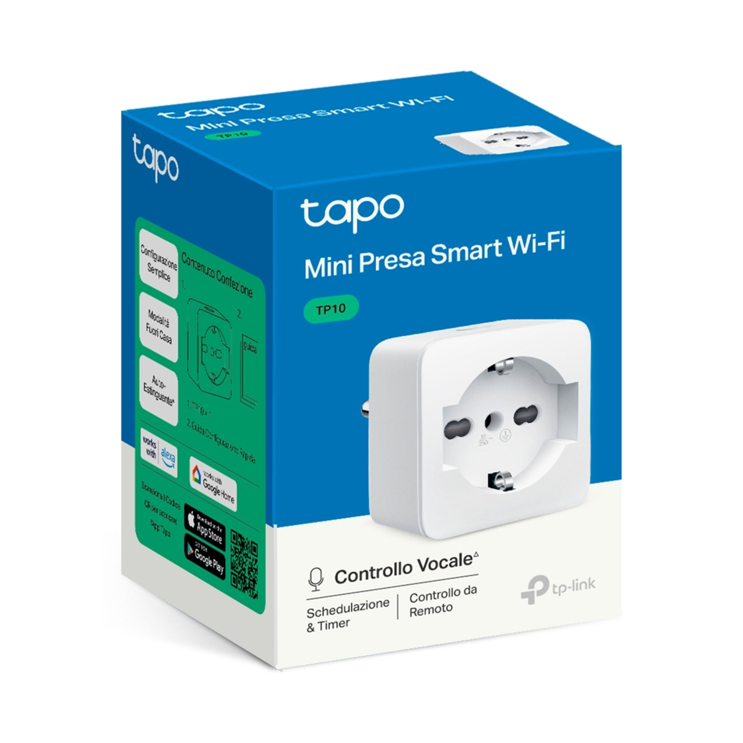 Scatola smart plug. Scatola bianca, smart plug, marchio tapo e funzionalità elencate. Sfondo bianco.