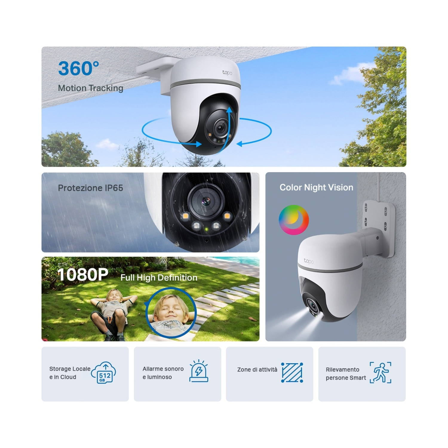Una telecamera di sicurezza che mostra più funzioni. La telecamera è montata su un soffitto bianco.