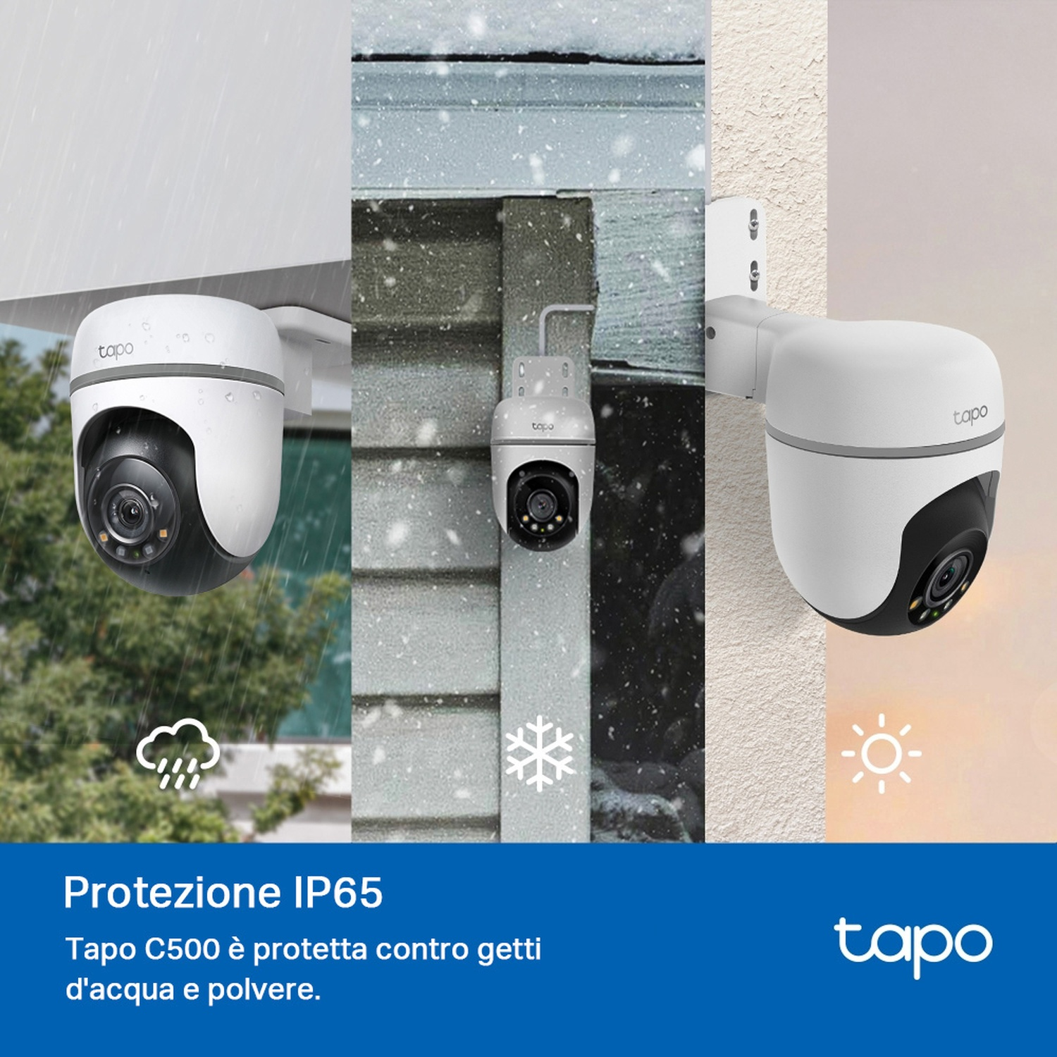 Tre telecamere di sicurezza in varie condizioni atmosferiche: pioggia, neve, sole.