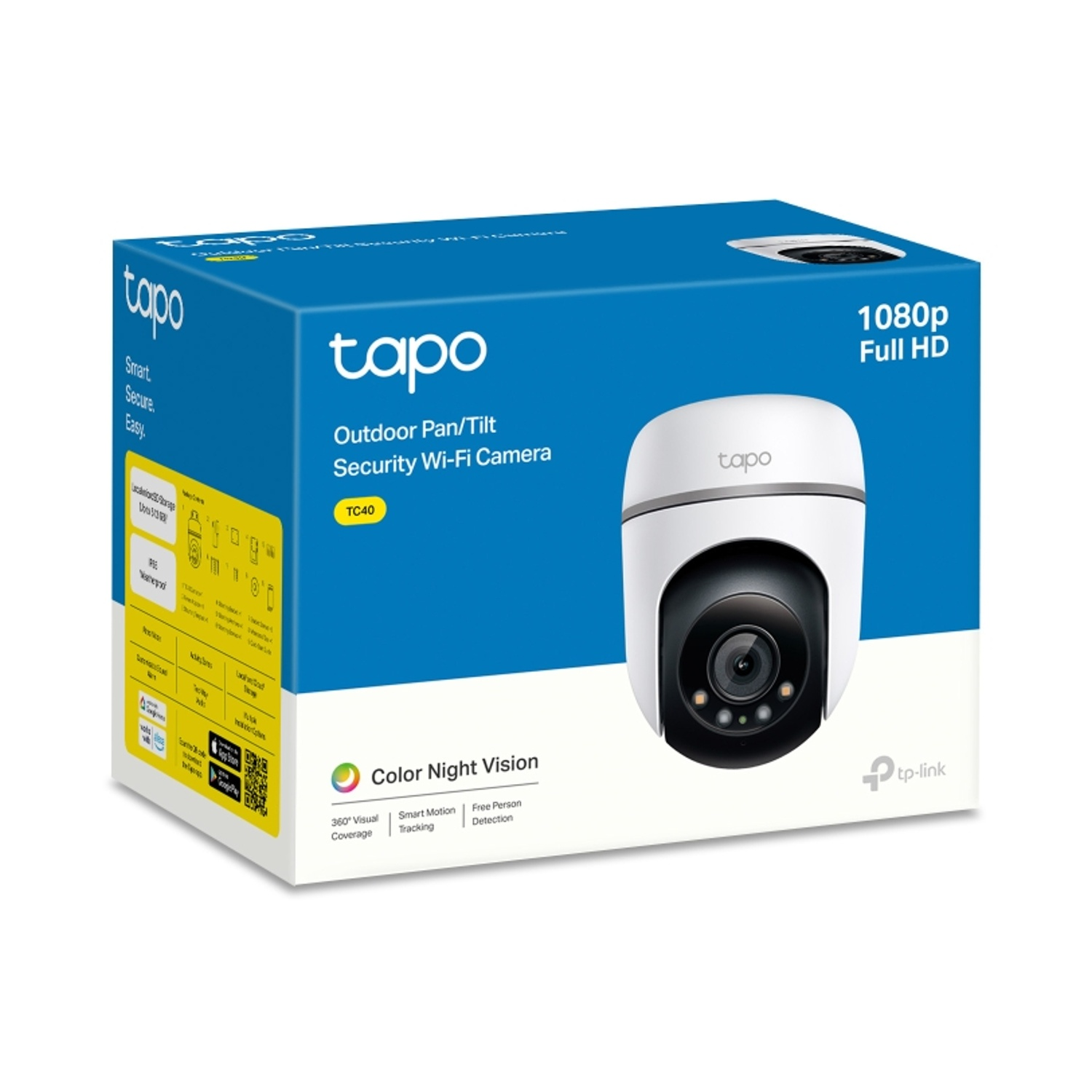 Scatola della telecamera di sicurezza Tapo. Telecamera bianca sul davanti. Testo: Tapo, 1080p Full HD, Color Night Vision.