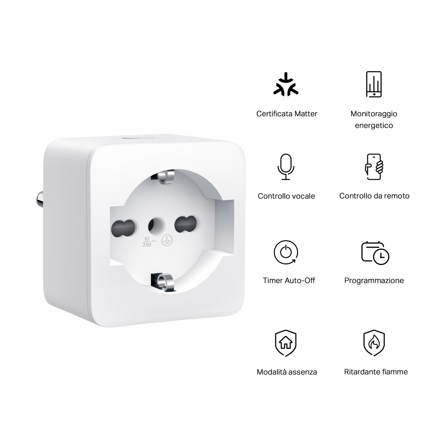 Spina intelligente bianca con icone per Matter, monitoraggio energetico, controllo vocale, remoto.