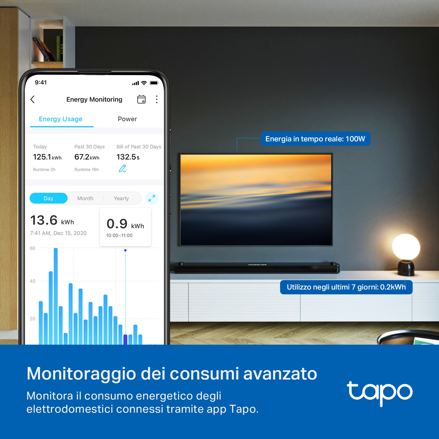Uno smartphone che mostra l'utilizzo di energia con una TV sullo sfondo.