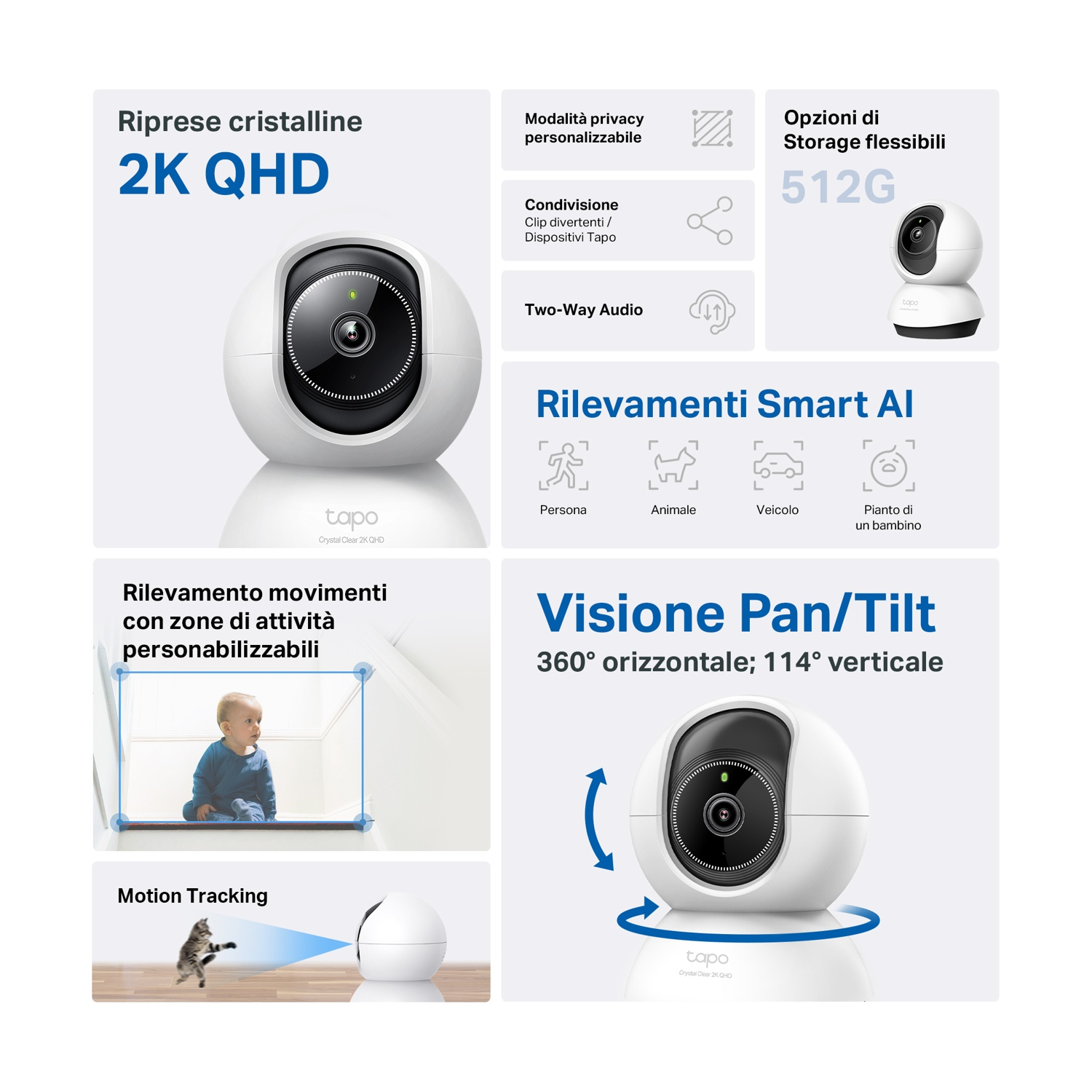 Una telecamera di sicurezza bianca con icone delle funzioni. Un bambino e un gatto sono nella vista della telecamera.