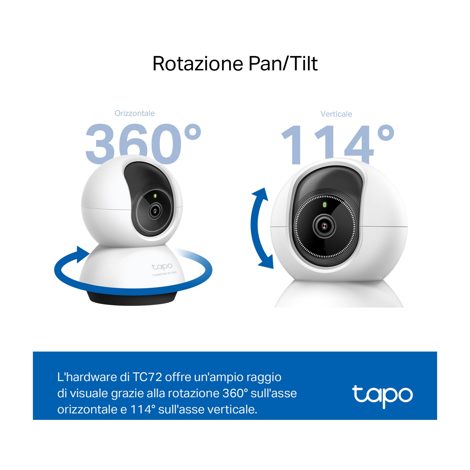 Telecamera di sicurezza bianca con rotazione orizzontale a 360 gradi.