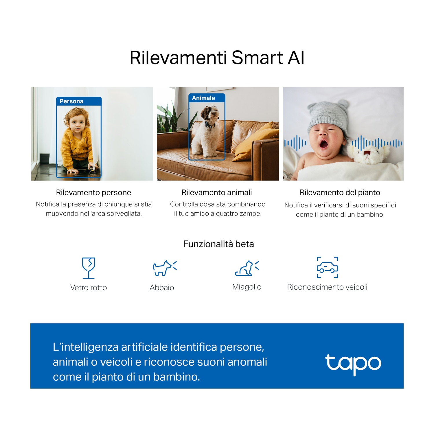 Funzionalità Smart AI mostrate. Include rilevamento persone, animali e bambini. Logo Tapo in basso.