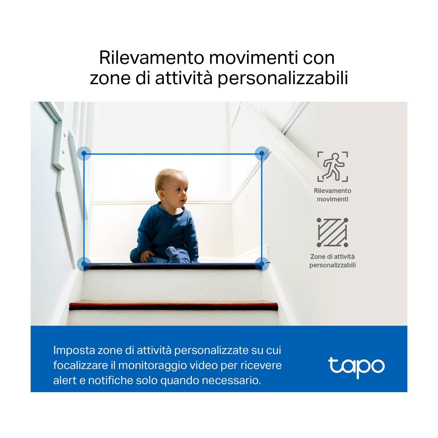 Un bambino sulle scale è inquadrato da un riquadro blu. Le icone mostrano il rilevamento del movimento e le zone.