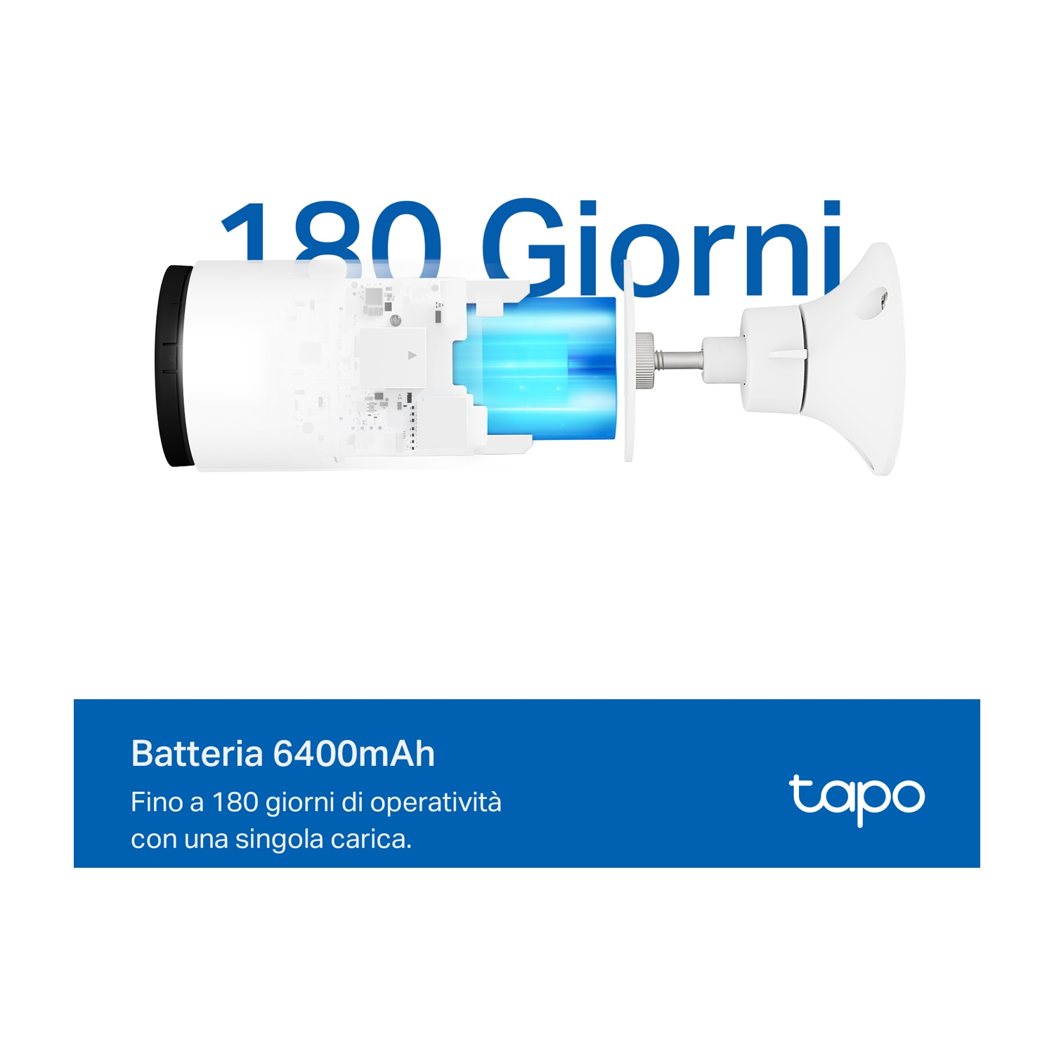 Telecamera bianca con luce blu all'interno. Il testo sopra dice 180 giorni e la batteria è 6400mAh.