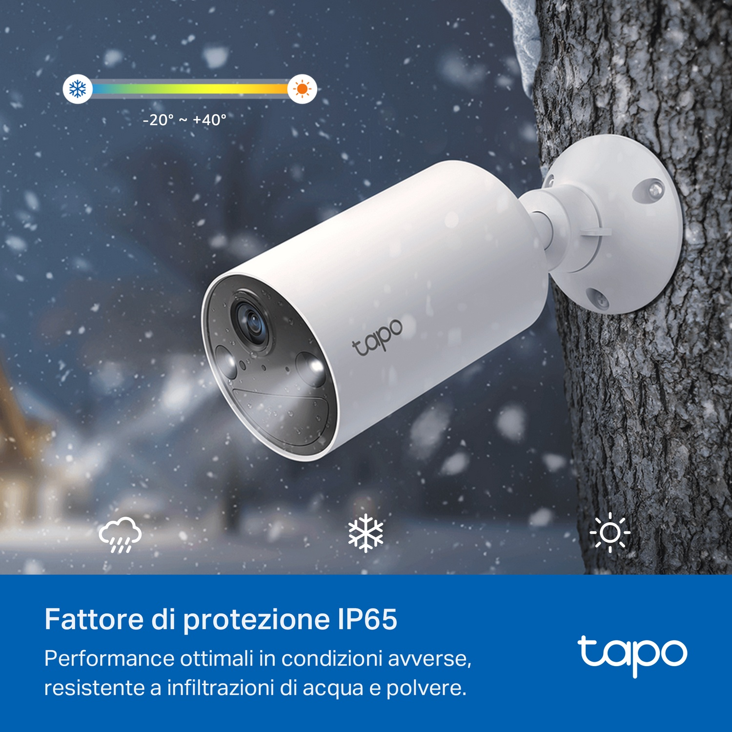 Telecamera di sicurezza bianca montata su un albero, sfondo nevoso.