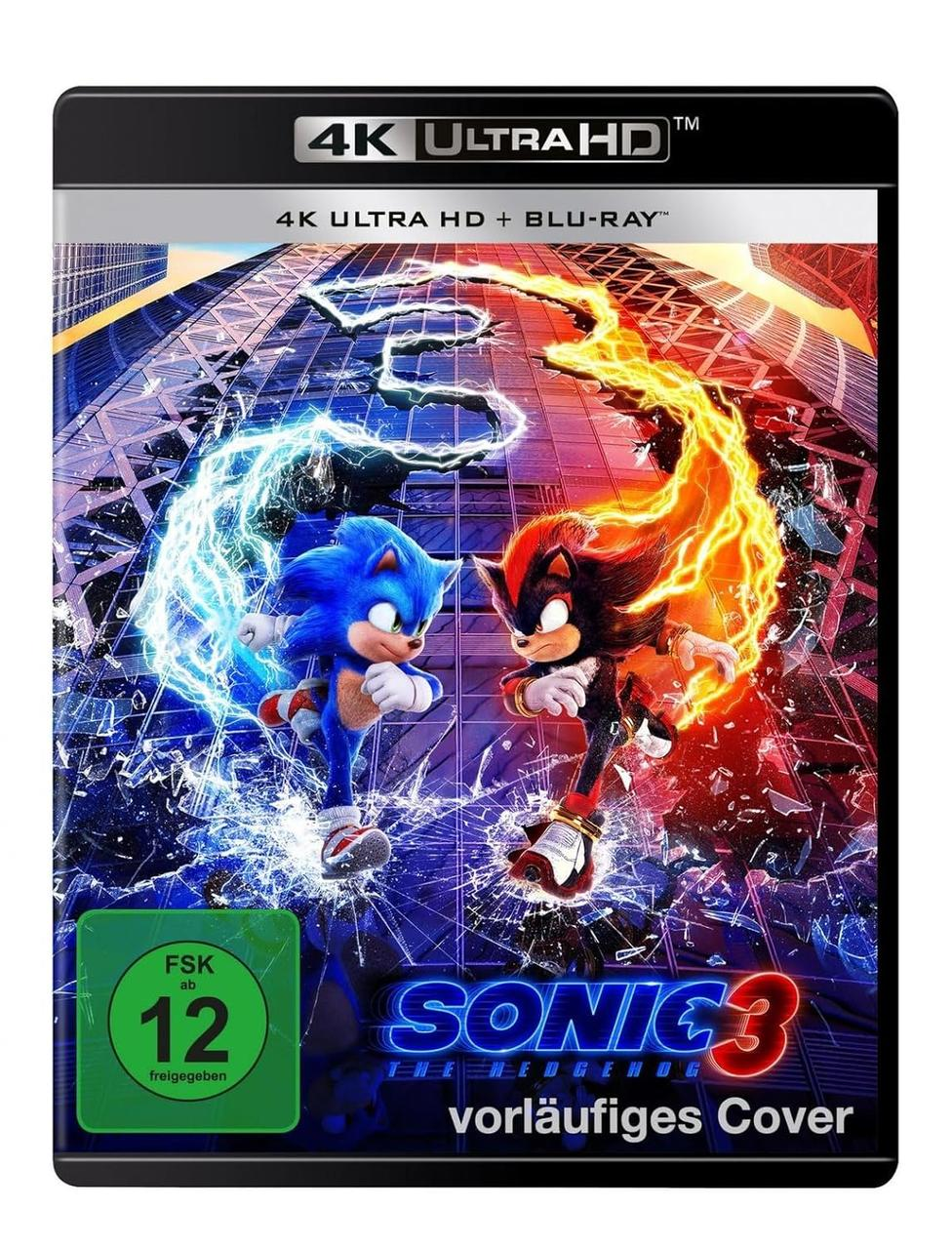 Sonic 3 Filmcover mit Sonic und Shadow, die sich gegenüberstehen.