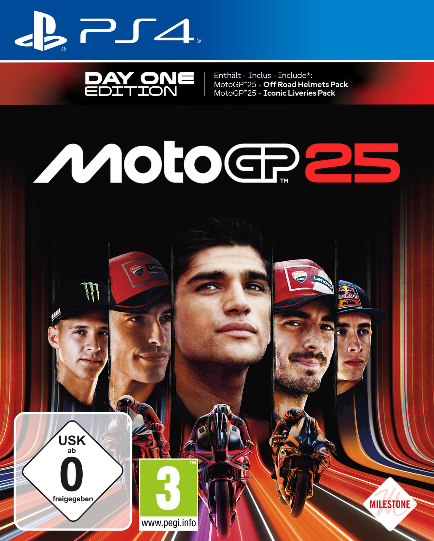 PS4-Spielcover für MotoGP 25 Day One Edition mit Bildern mehrerer Rennfahrer.