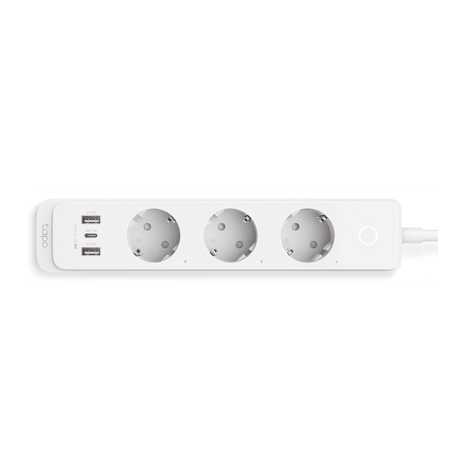 Multipresa bianca con tre prese, due porte USB e un pulsante di accensione sensibile al tocco. Un cavo bianco si estende.