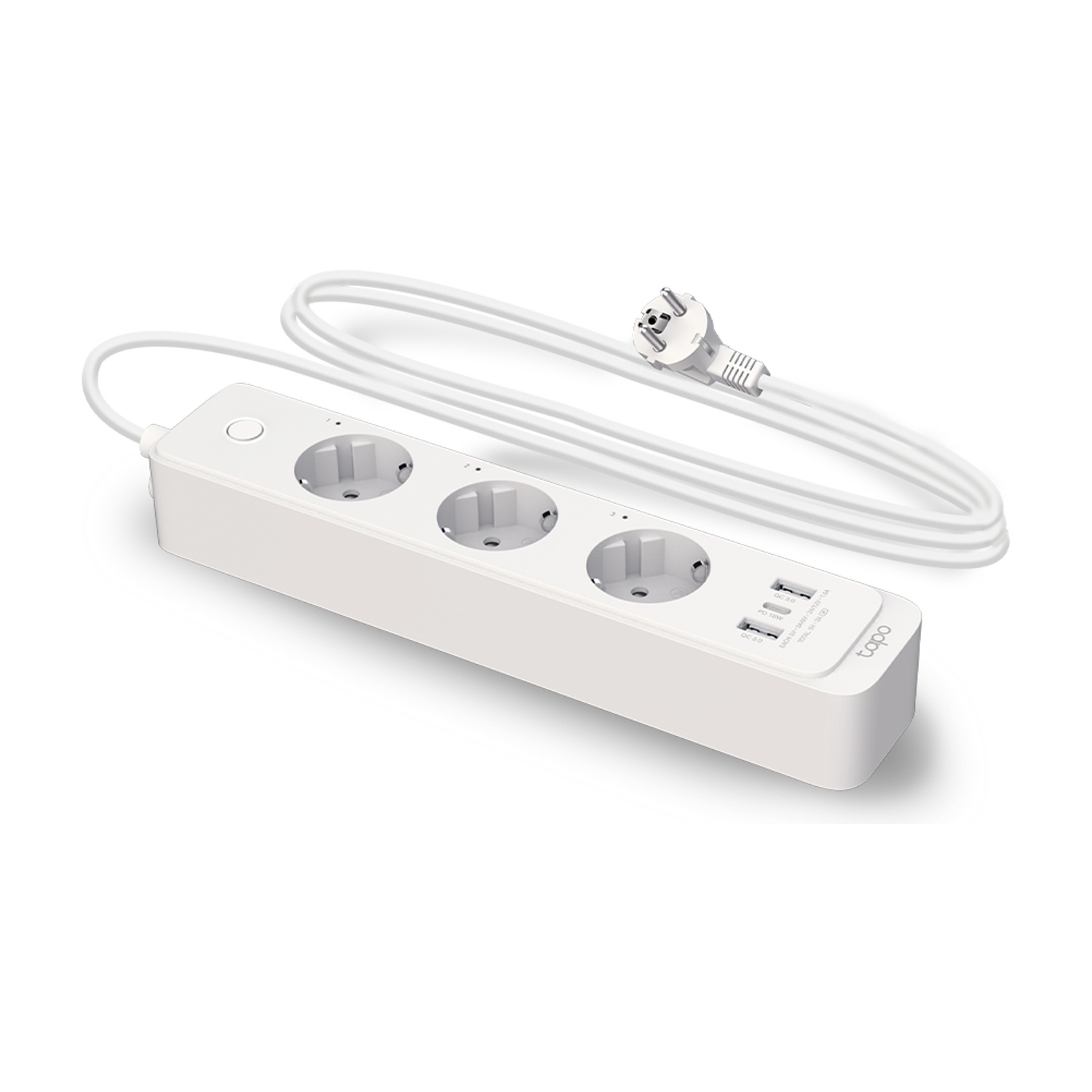 Presa multipla bianca con tre prese e porte USB. Cavo bianco e sfondo bianco.