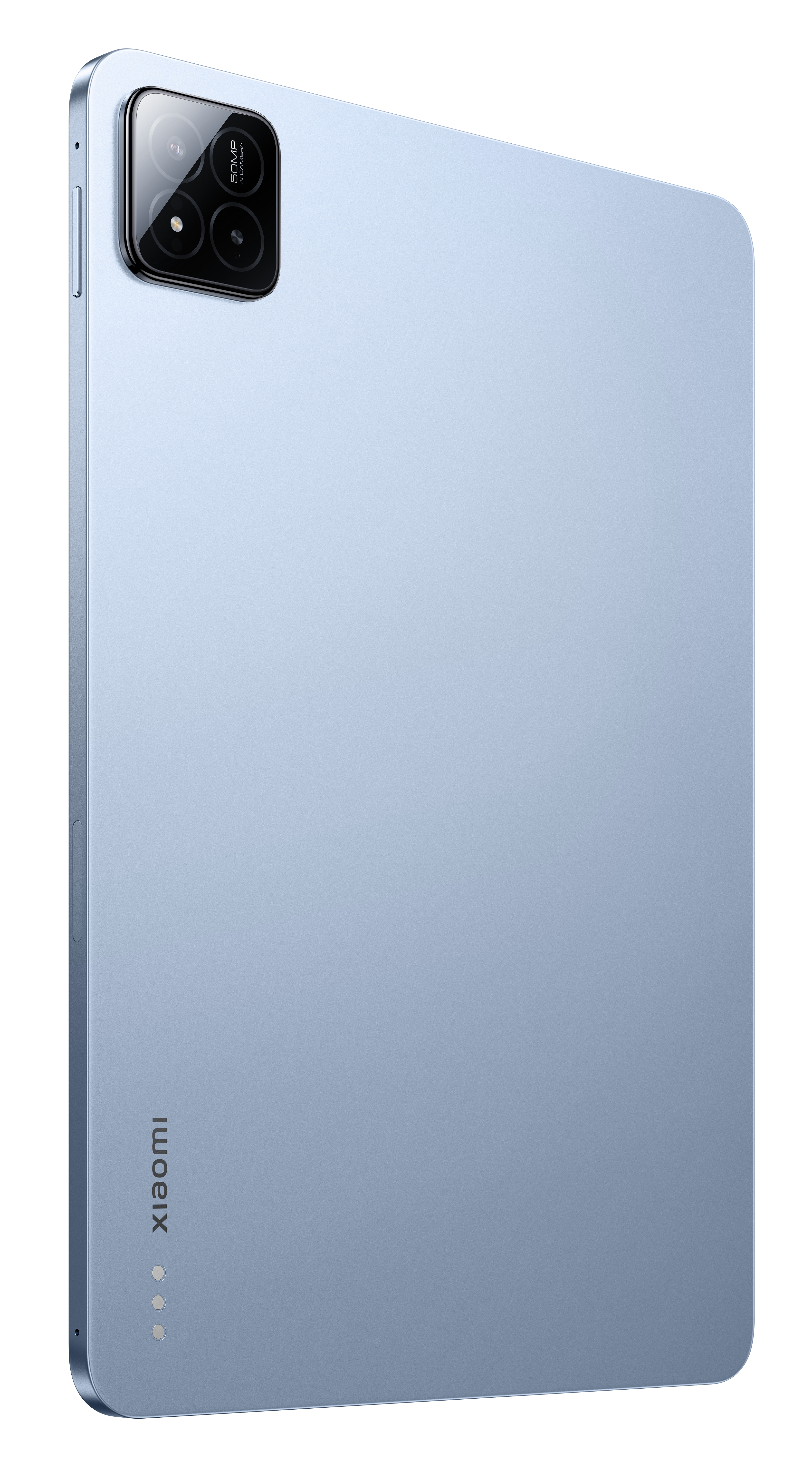 Niebieski tablet na białym tle. Ma aparat w lewym górnym rogu.