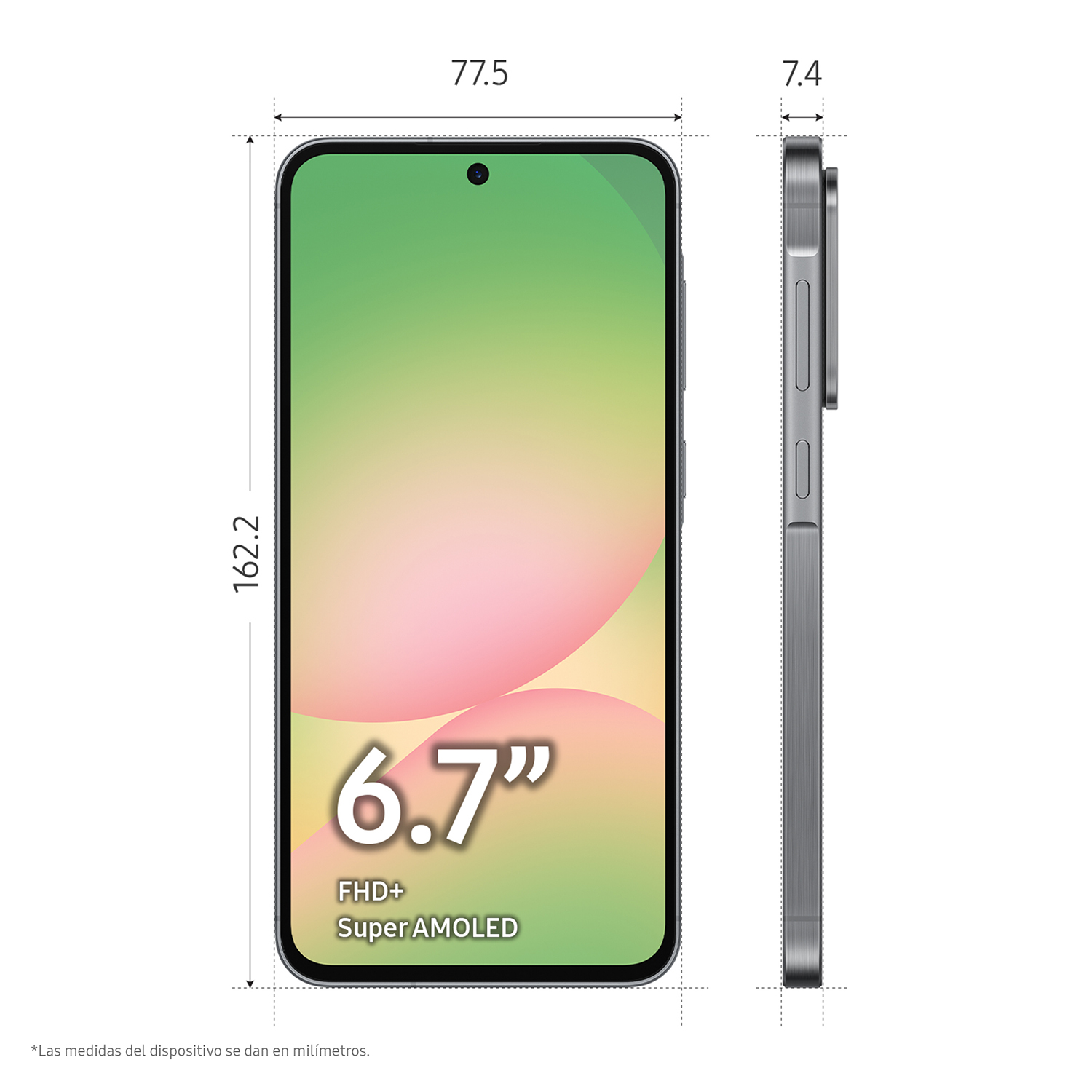 Un smartphone muestra sus dimensiones y el texto 'Galaxy A36 5G'.