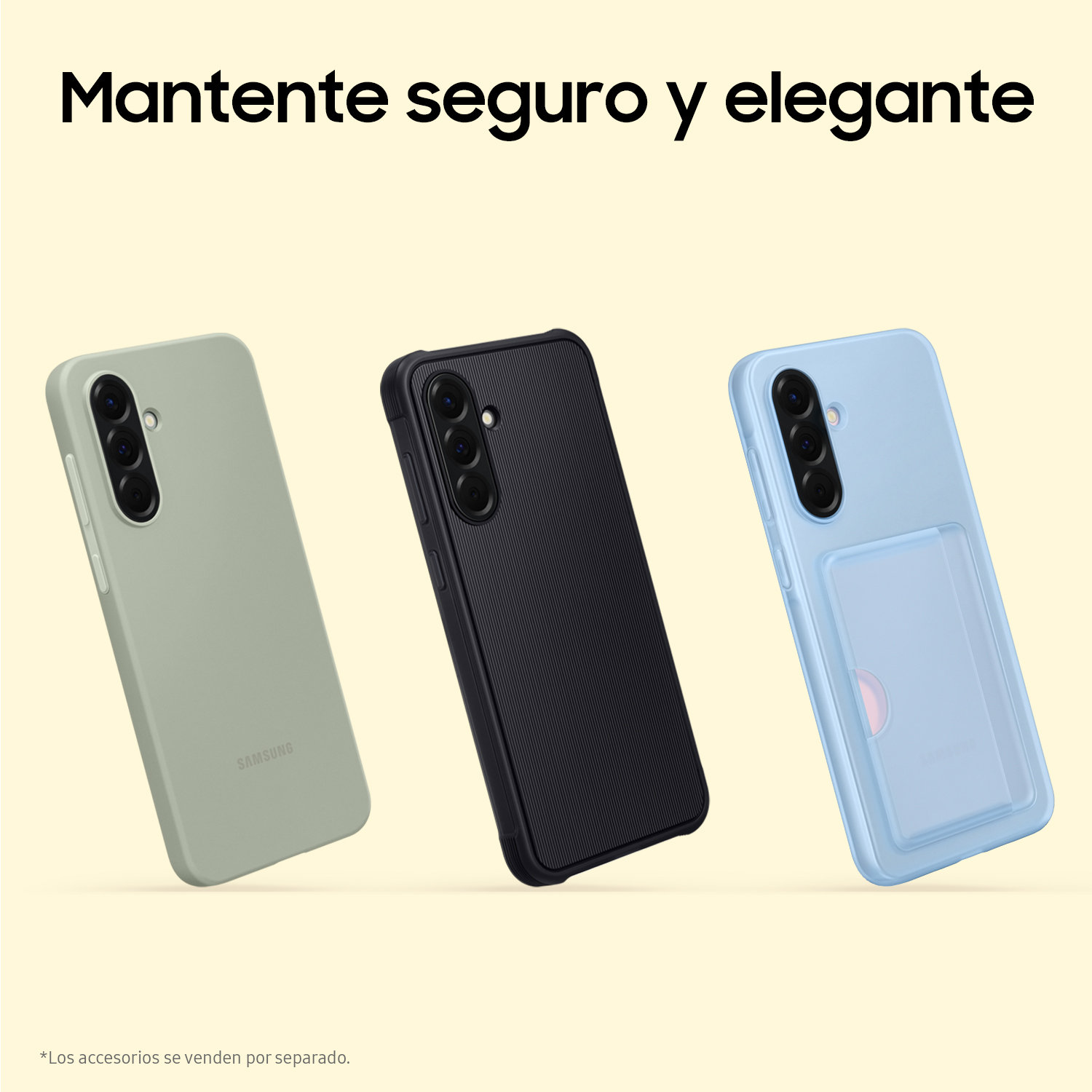 Tres fundas de teléfono, verde, negro y azul con tarjetero. Fondo amarillo.