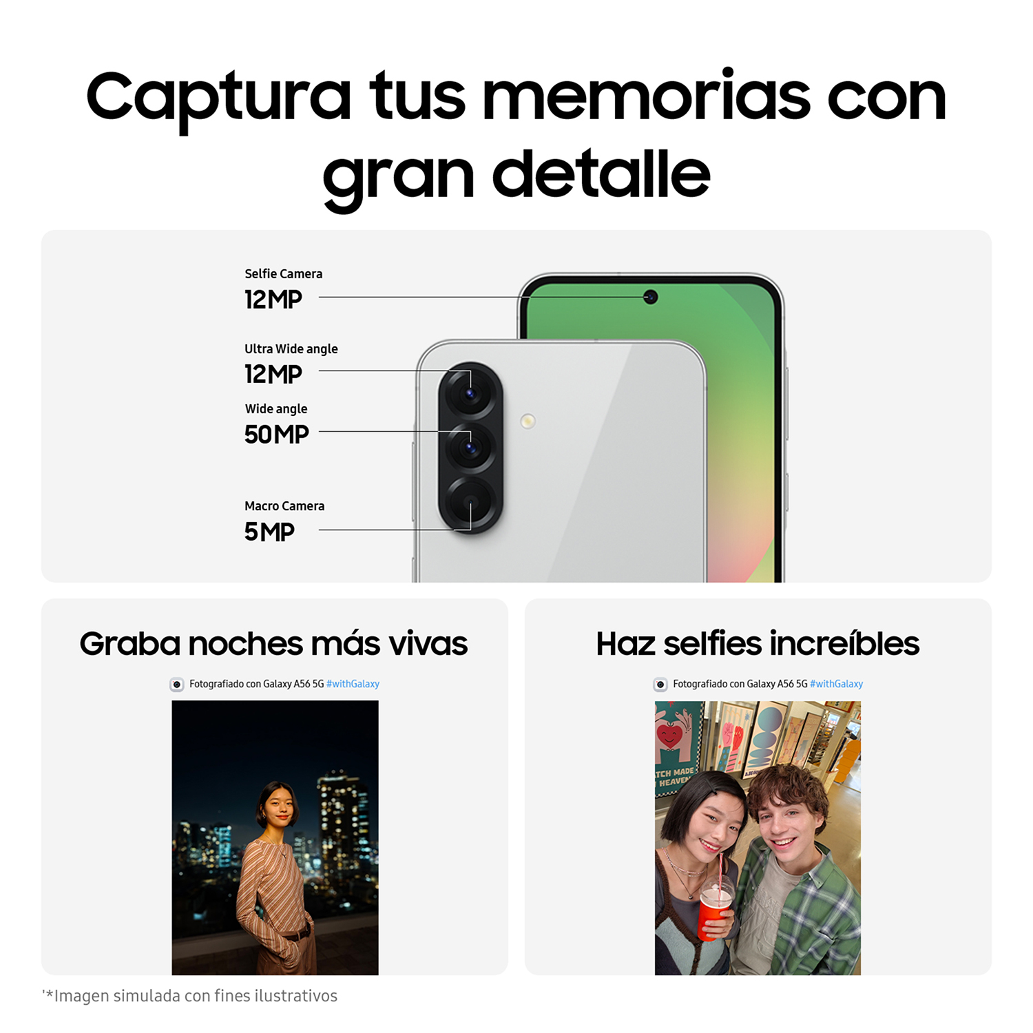 Imagen que muestra las funciones de la cámara de un teléfono. Incluye fotos, detalles.