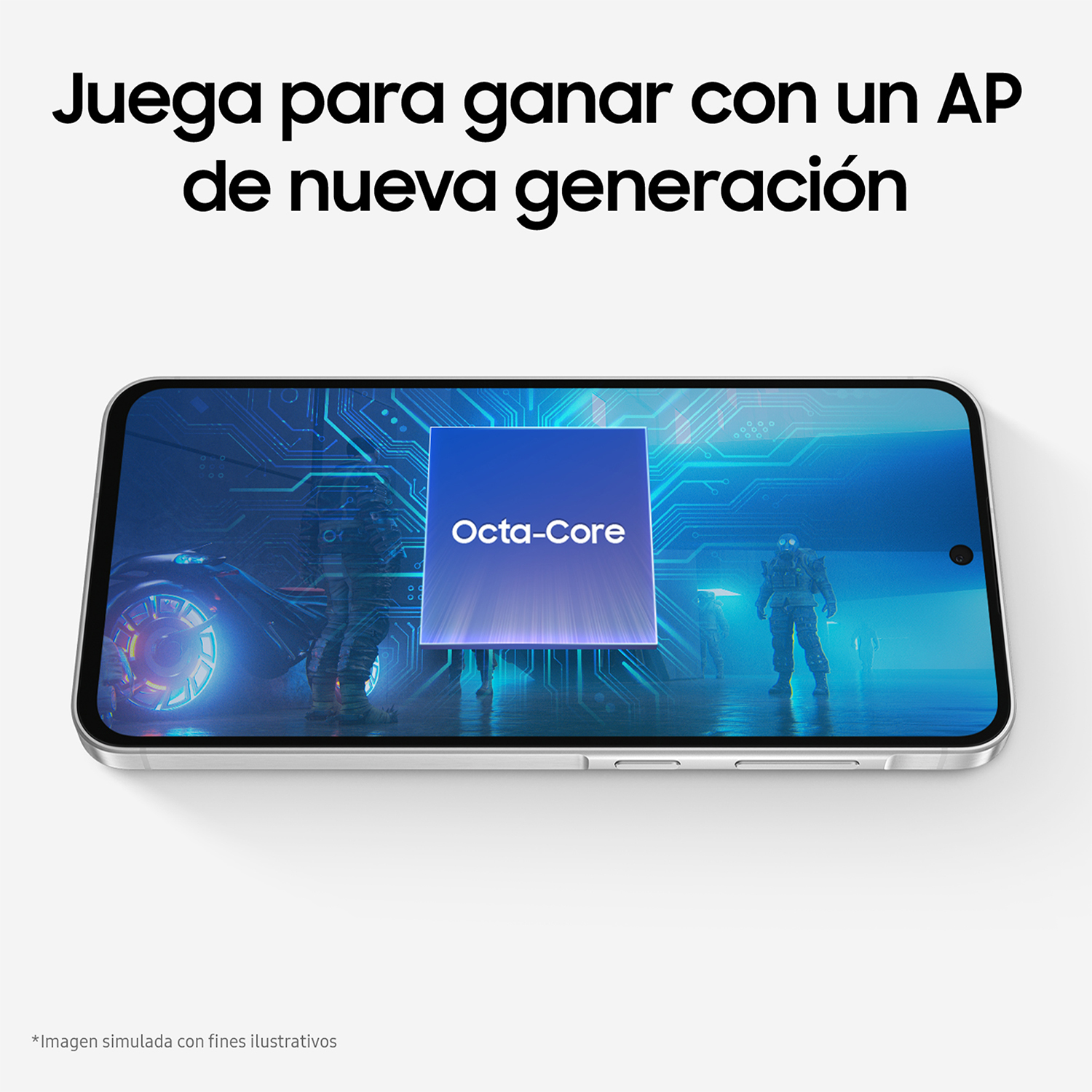 Un smartphone muestra una escena futurista con un gráfico 'Octa-Core'. El texto dice 'Juega para ganar con un AP de nueva generación'.