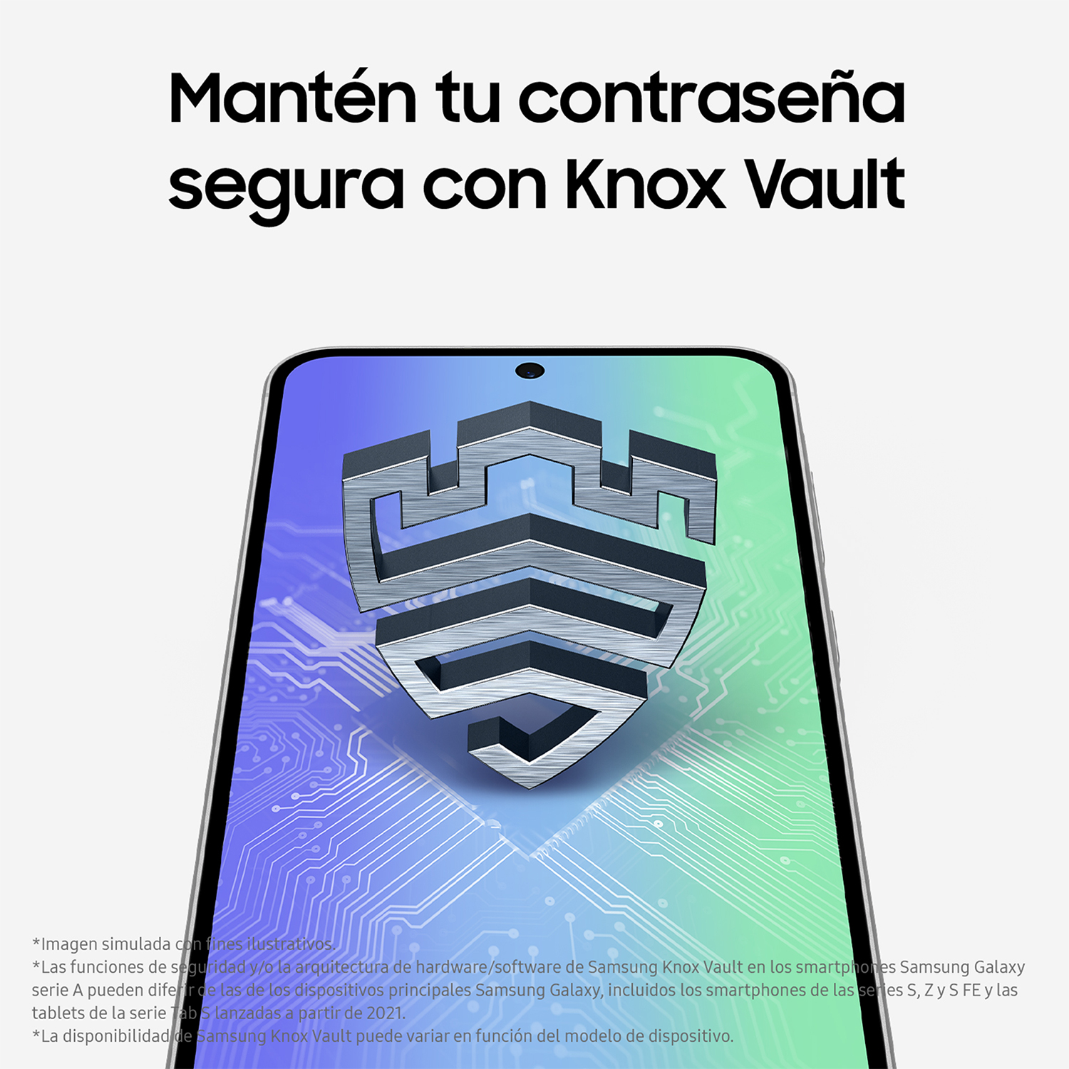 Smartphone con el logo de Knox Vault. Texto: Mantén tu contraseña segura con Knox Vault.