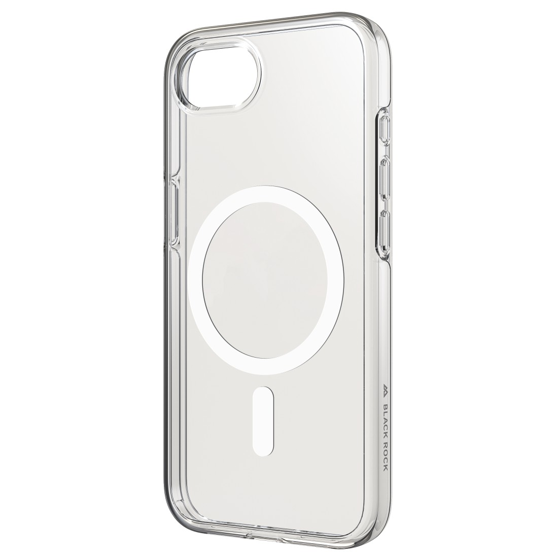 Transparente iPhone-Hülle mit weißem MagSafe-Kreis und Rechteck unten. Transparent.