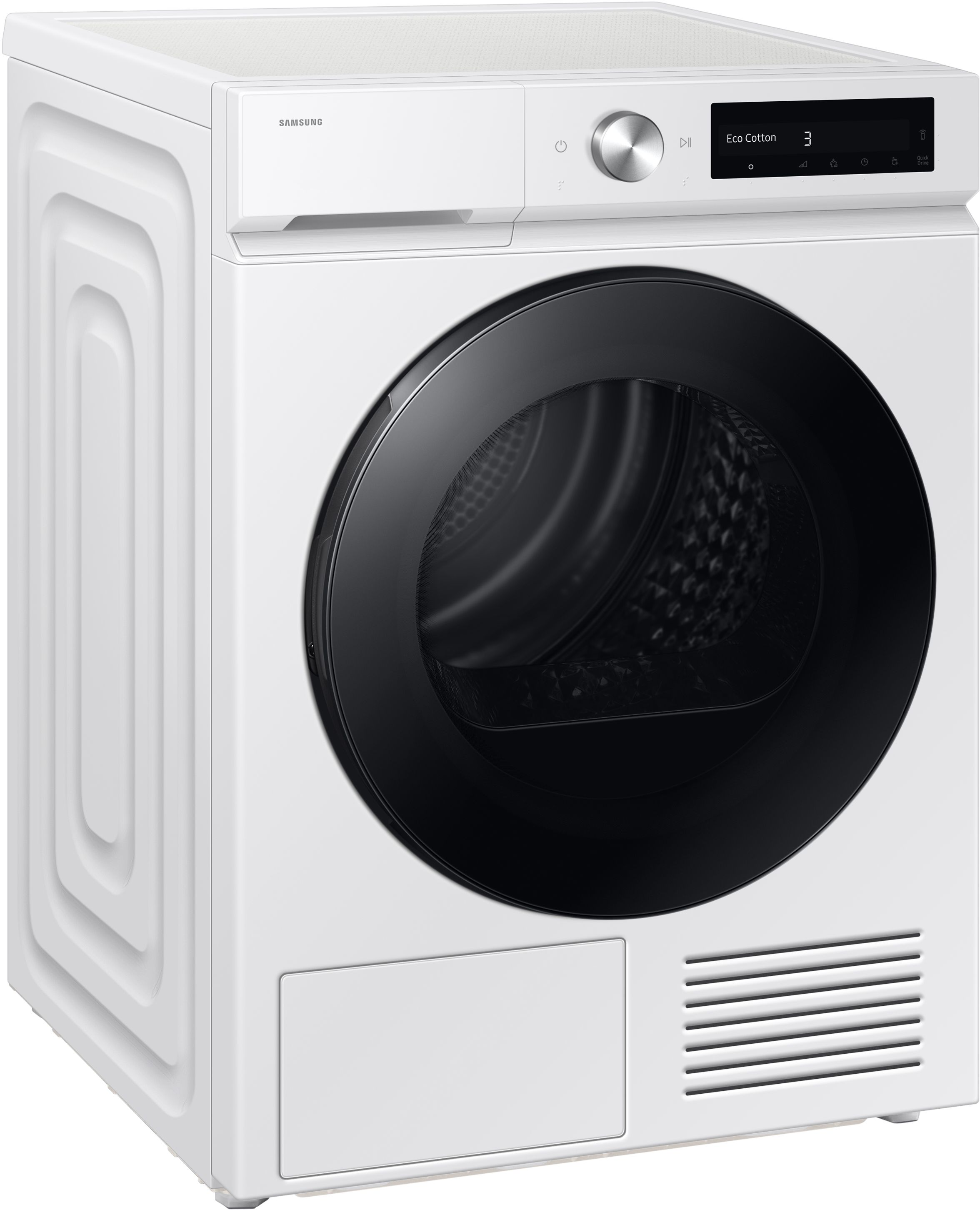 Ein weißer Samsung Trockner. Er hat eine schwarze Tür und ein Bedienfeld oben. Der Trockner steht vor weißem Hintergrund.