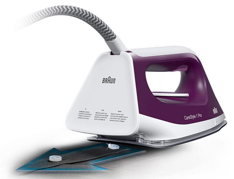 Białe i fioletowe żelazko parowe z szarym przewodem i czarnym filtrem.