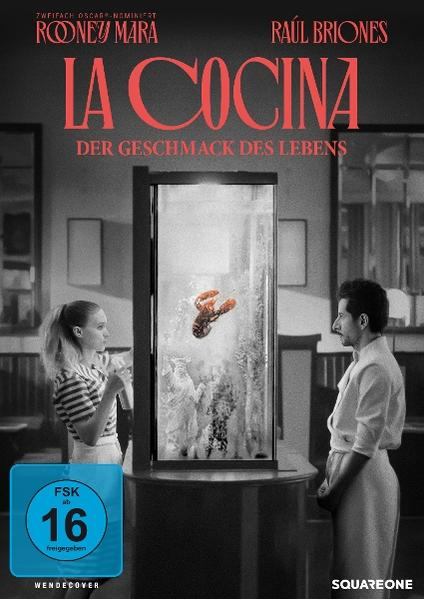 Filmplakat für 'La Cocina', mit einer Frau und einem Mann sowie einem Hummer im Glastank.