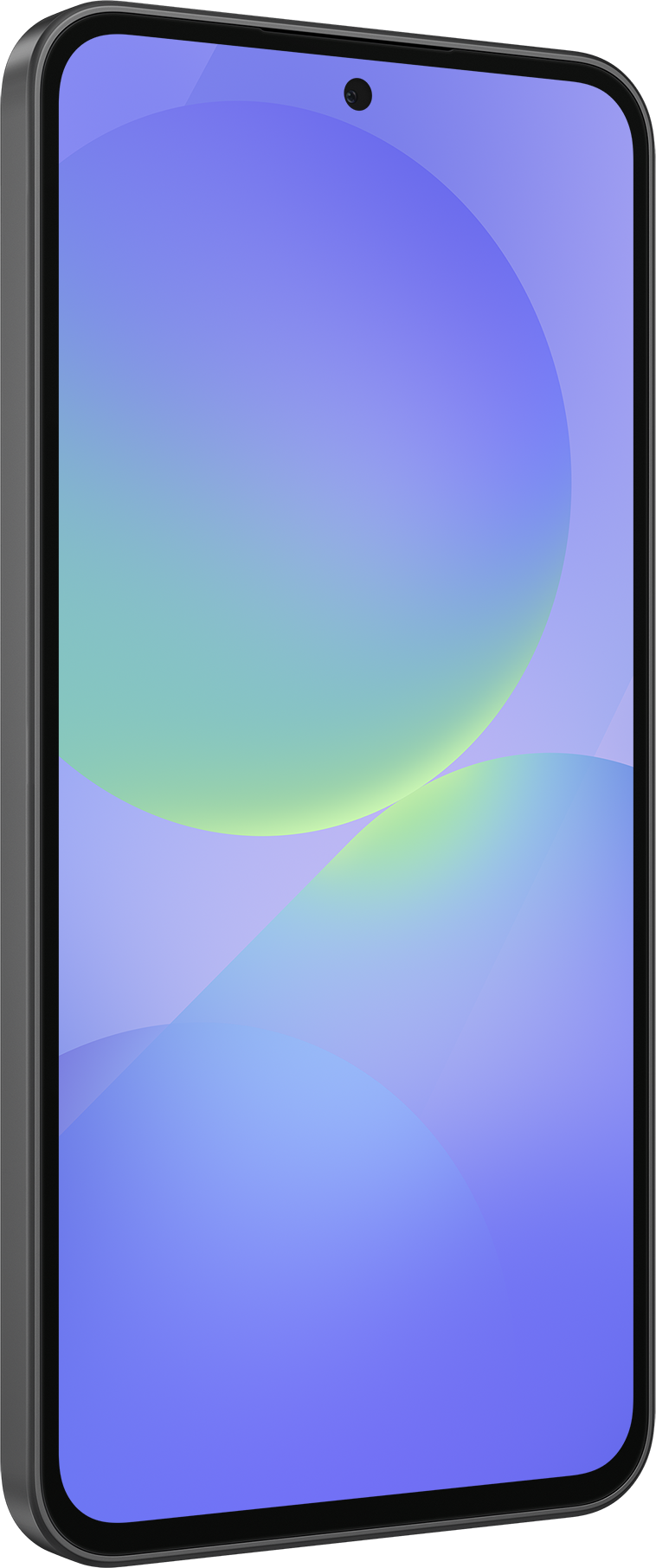 Un smartphone noir avec un écran dégradé bleu et vert, vu d'un angle.