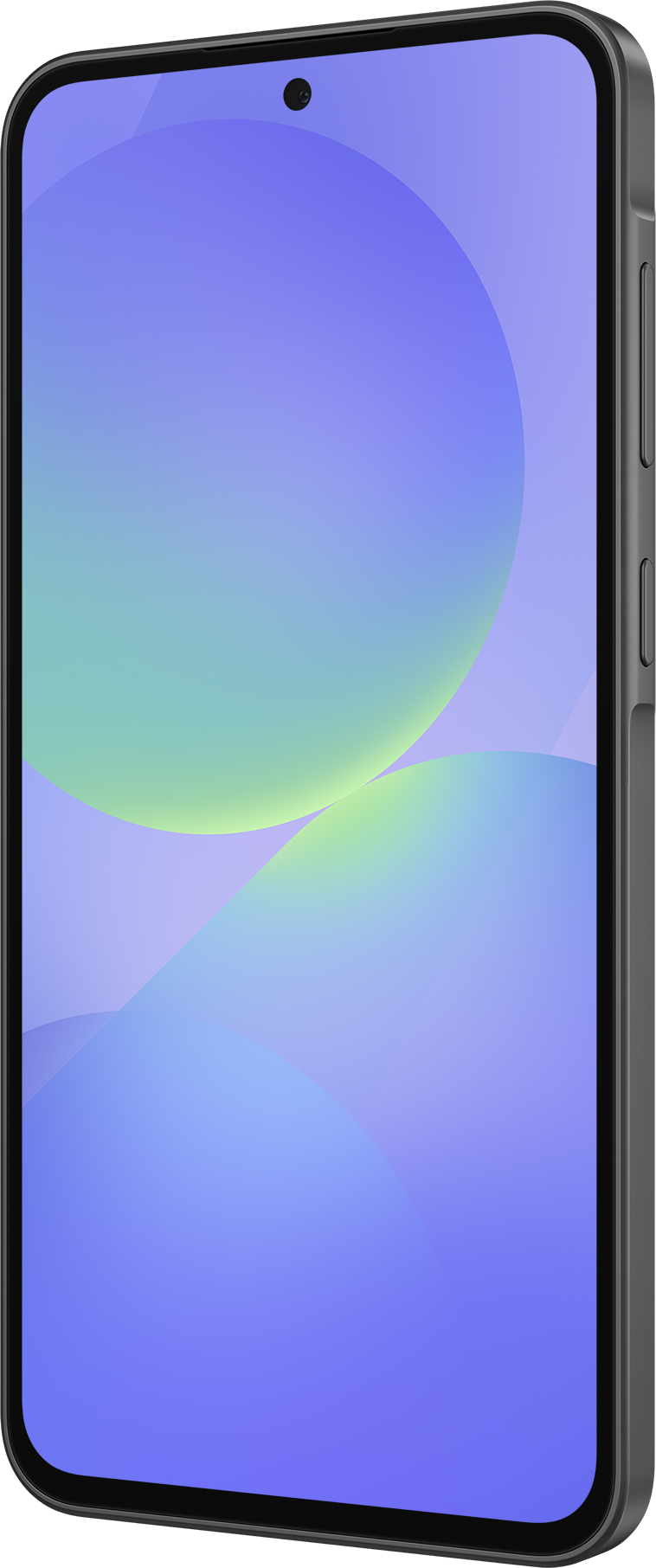 Un smartphone gris foncé avec un écran affichant un fond abstrait coloré.