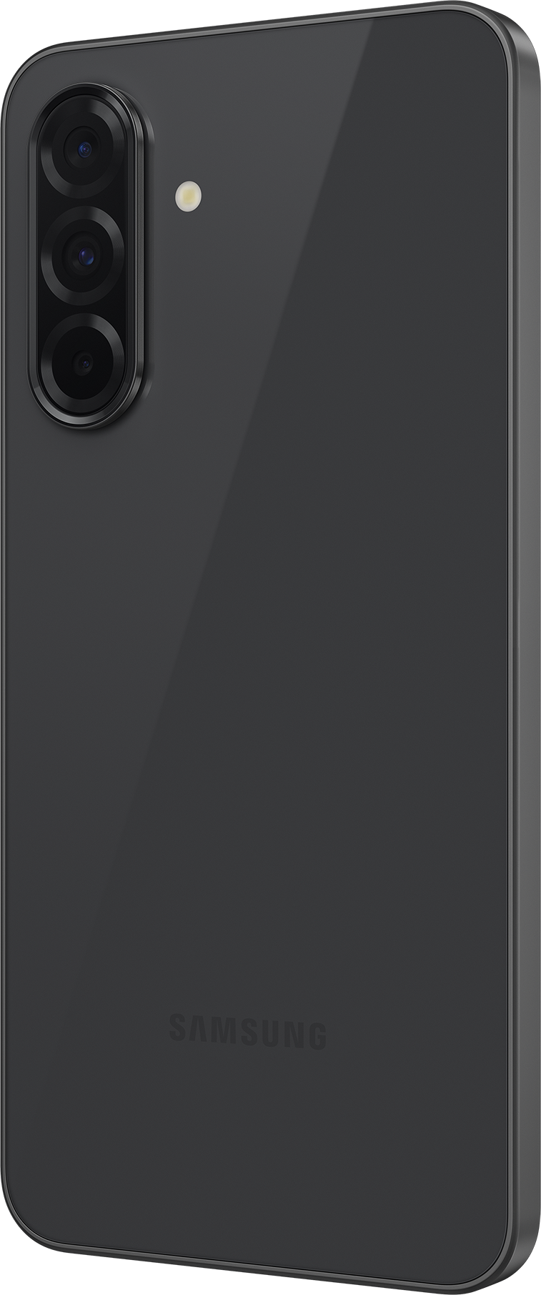 Un smartphone gris foncé vu de dos, montrant le module caméra, avec le logo Samsung.