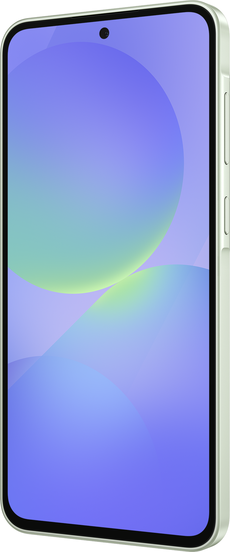 Un smartphone avec un côté vert clair et un fond coloré sur l'écran.