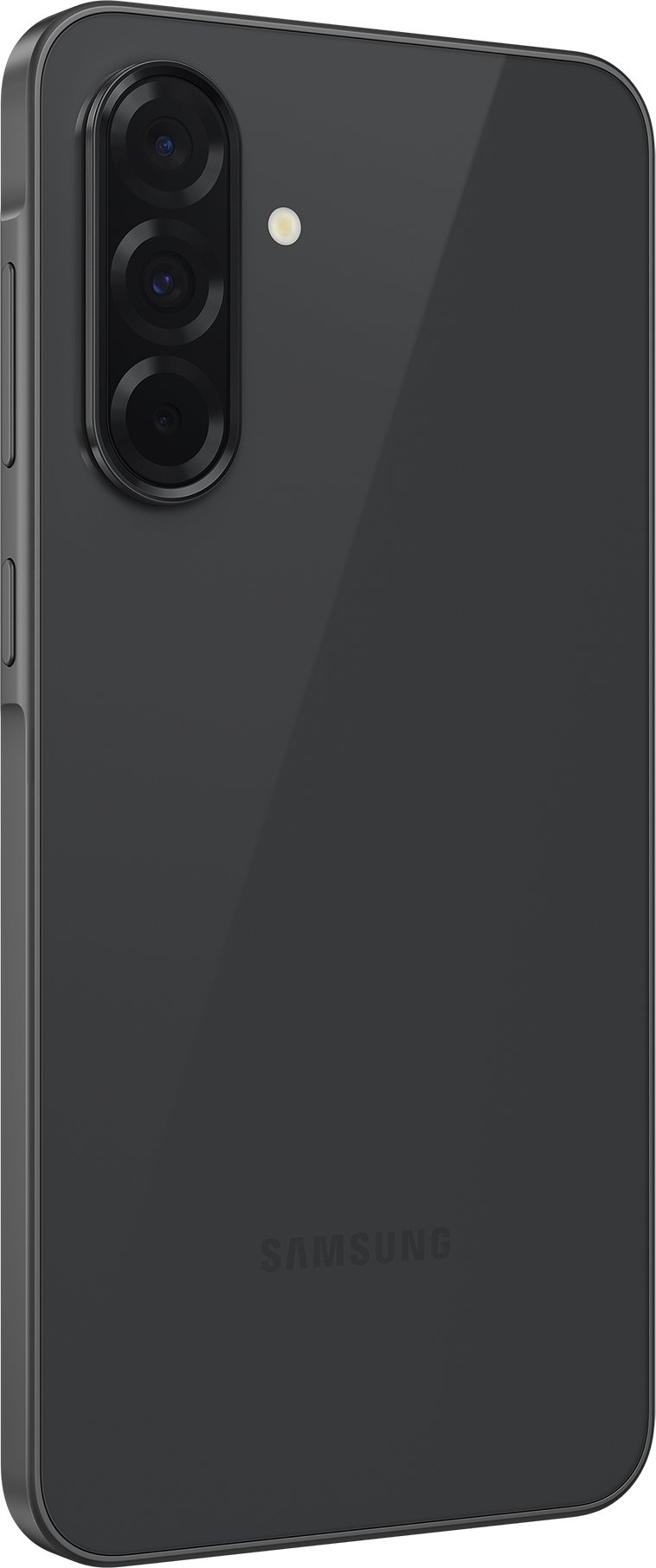 Smartphone noir avec trois caméras verticales. Le logo Samsung est visible.