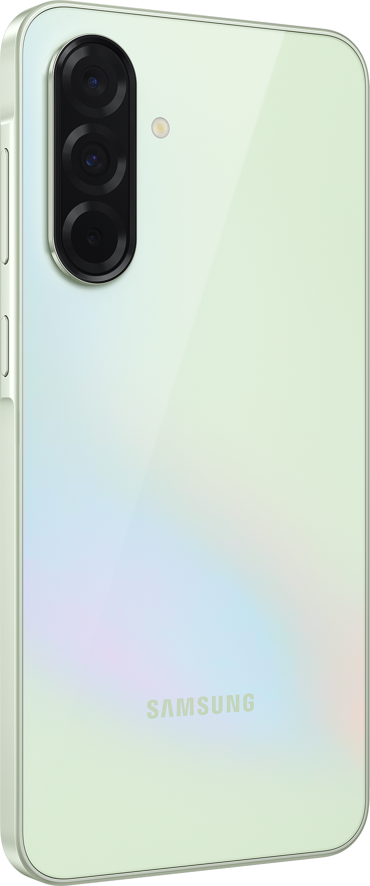 Dos de smartphone vert avec triple caméra et logo Samsung.