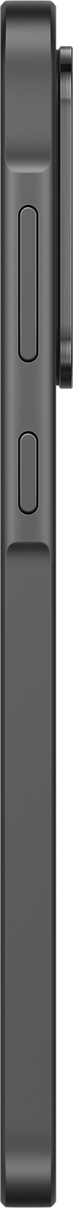 Vue latérale d'un téléphone gris foncé avec des boutons et une bosse de caméra. Le fond est noir.