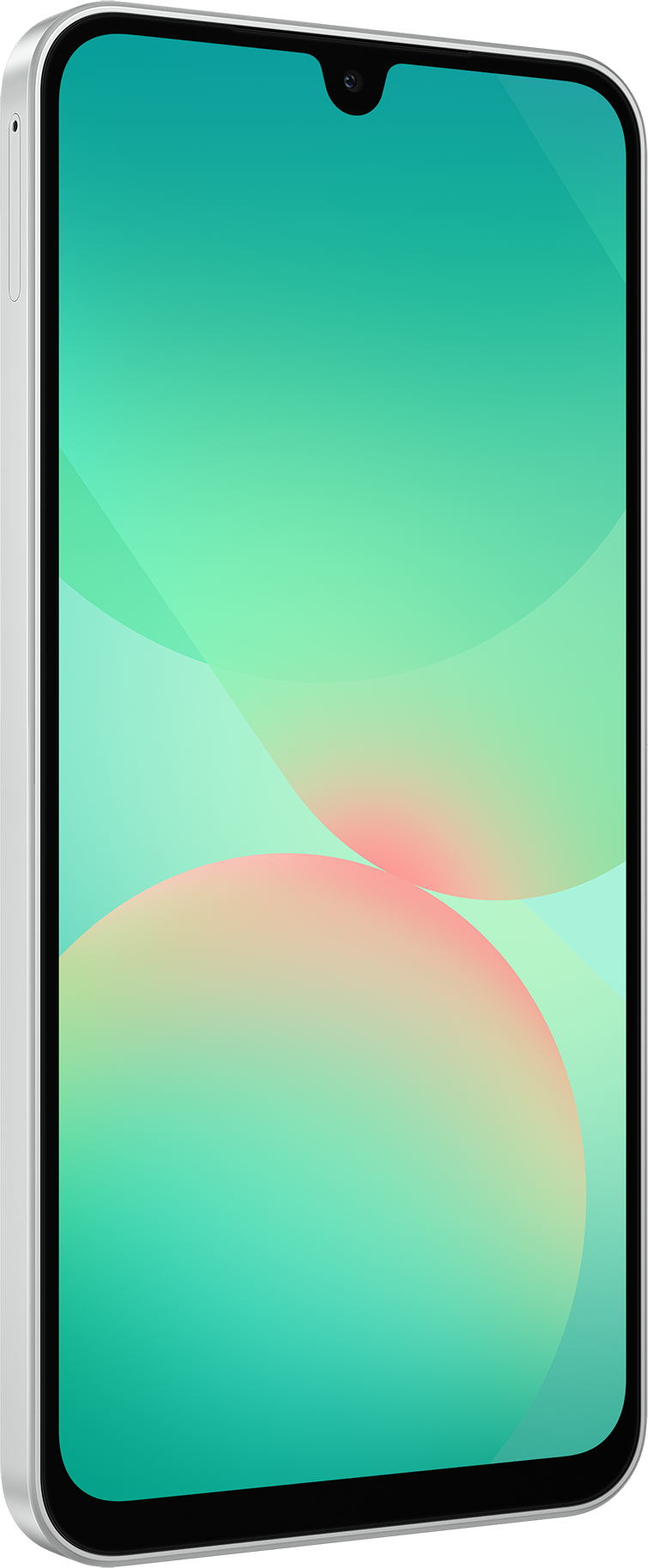 Un smartphone blanc affichant un écran coloré avec un dégradé de vert et de rose.