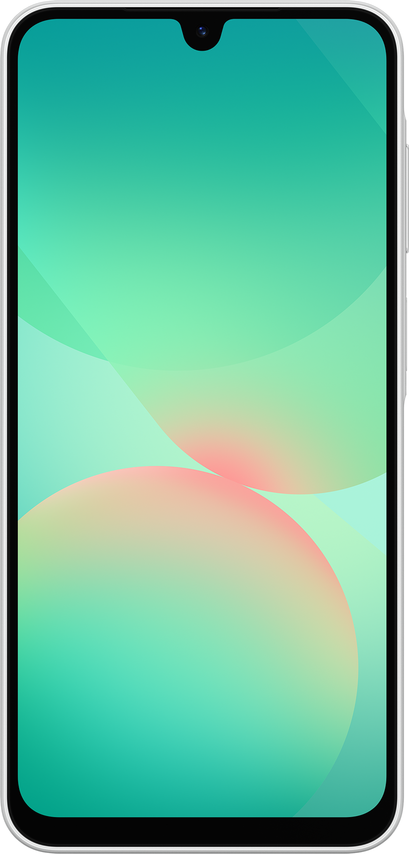Un smartphone blanc avec un fond circulaire vert et rose.