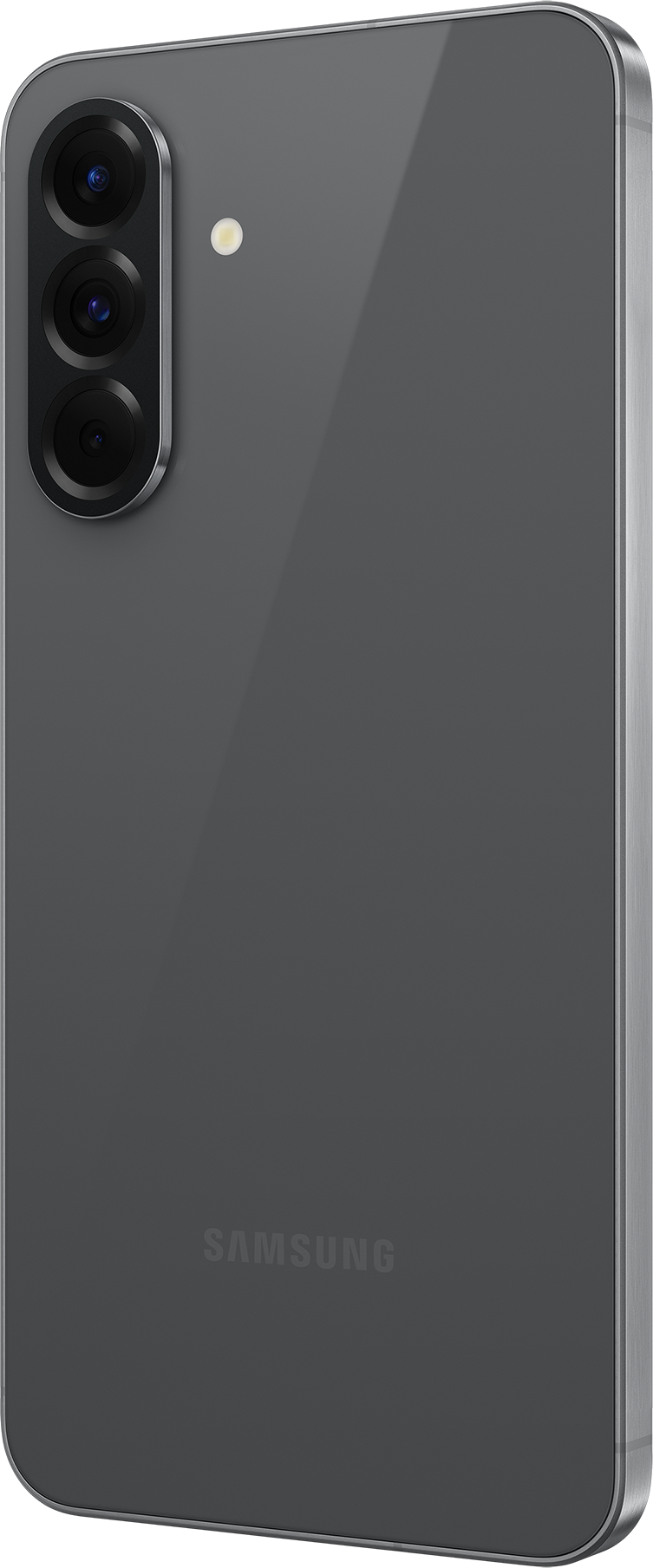 Un smartphone gris. Trois caméras arrière sont visibles. Le logo Samsung apparaît au dos. Le téléphone a un cadre argenté.