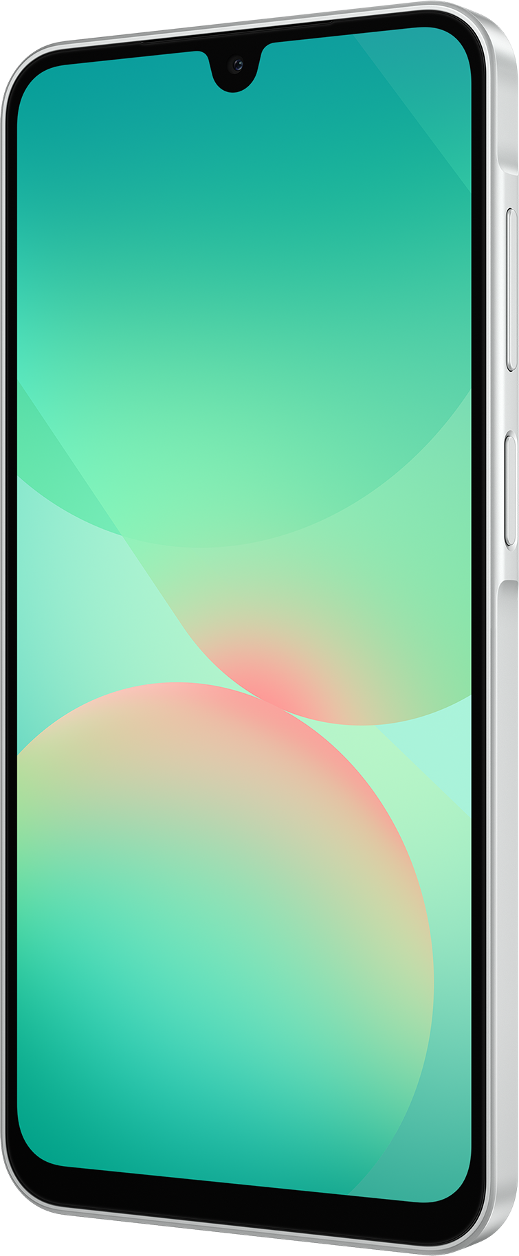 Smartphone avec un écran dégradé vert et rose. Le téléphone est argenté et possède une caméra en haut.
