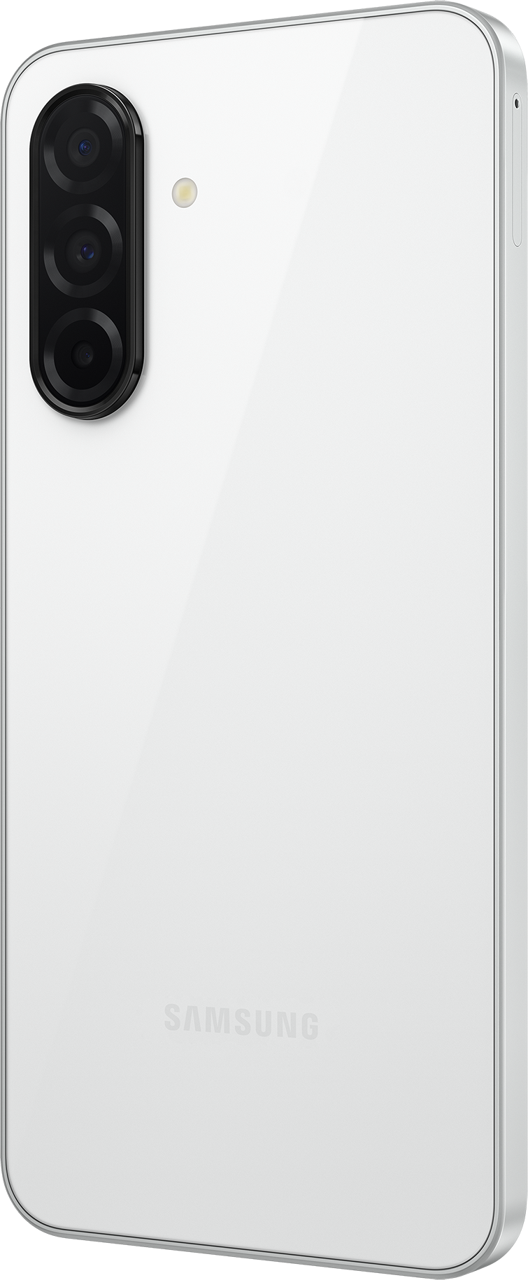 Smartphone Samsung blanc. Le dos comporte des caméras. Le côté est propre et blanc.