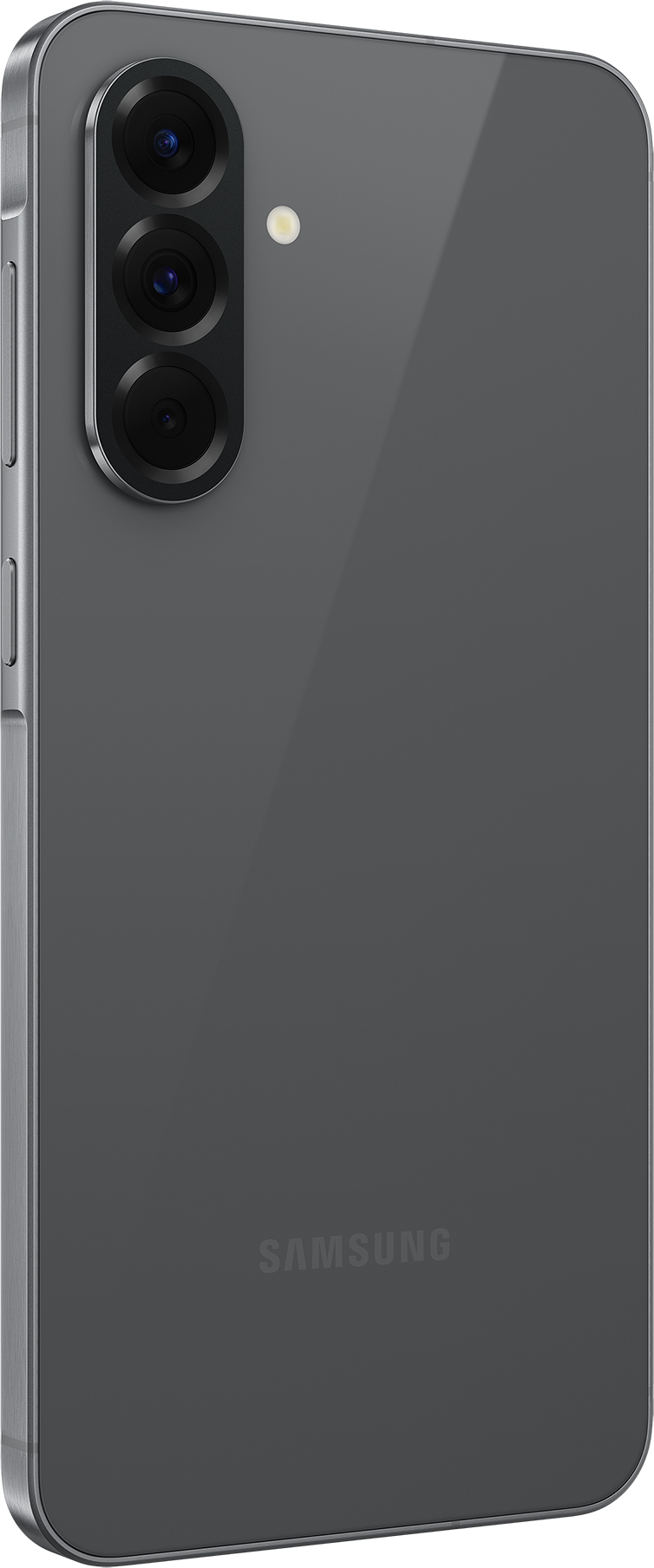 L'arrière d'un smartphone Samsung gris avec trois caméras et le nom de la marque. Cadre argenté.