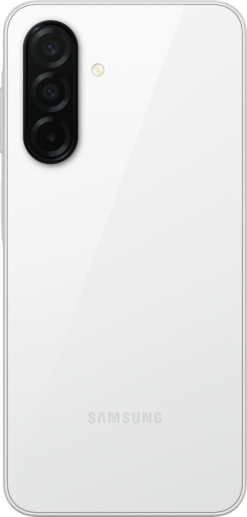 Un téléphone blanc avec trois caméras à l'arrière, avec un flash et le logo Samsung.