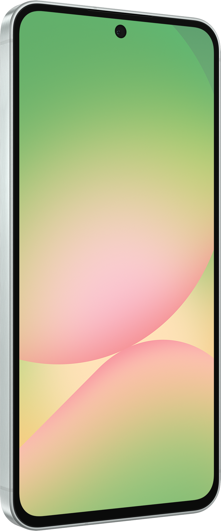 Ein silbernes Smartphone mit einem grün-rosa-farbenen Farbverlauf, Seitenansicht.