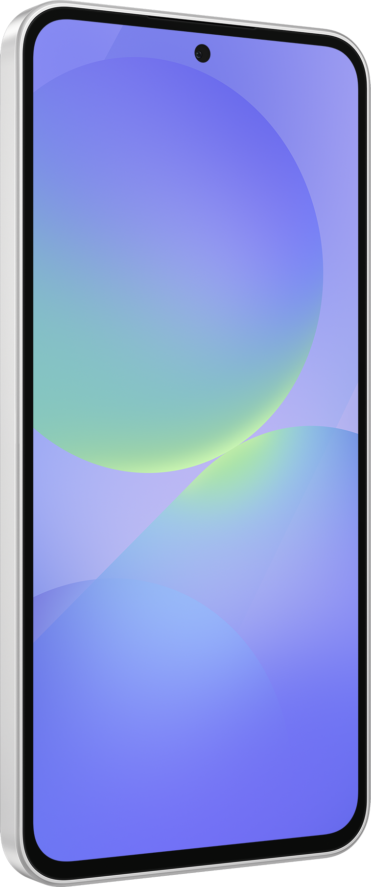 Un smartphone avec un fond dégradé bleu et vert, avec une caméra. Le téléphone a un cadre blanc et un contour d'écran noir.