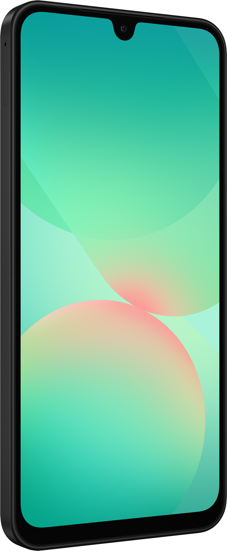 Un téléphone noir avec un fond abstrait vert et rose sur l'écran.