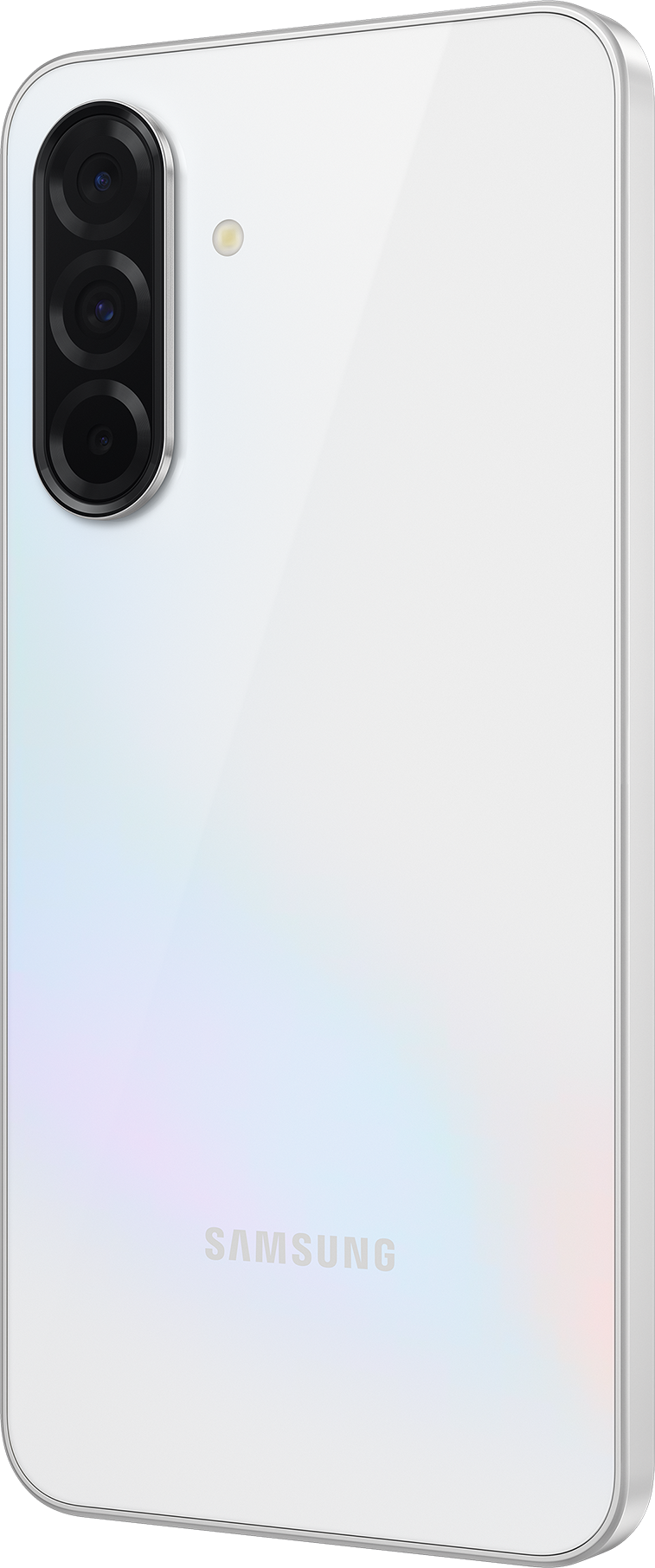 Téléphone Samsung blanc avec trois caméras arrière. Le logo Samsung est en bas.