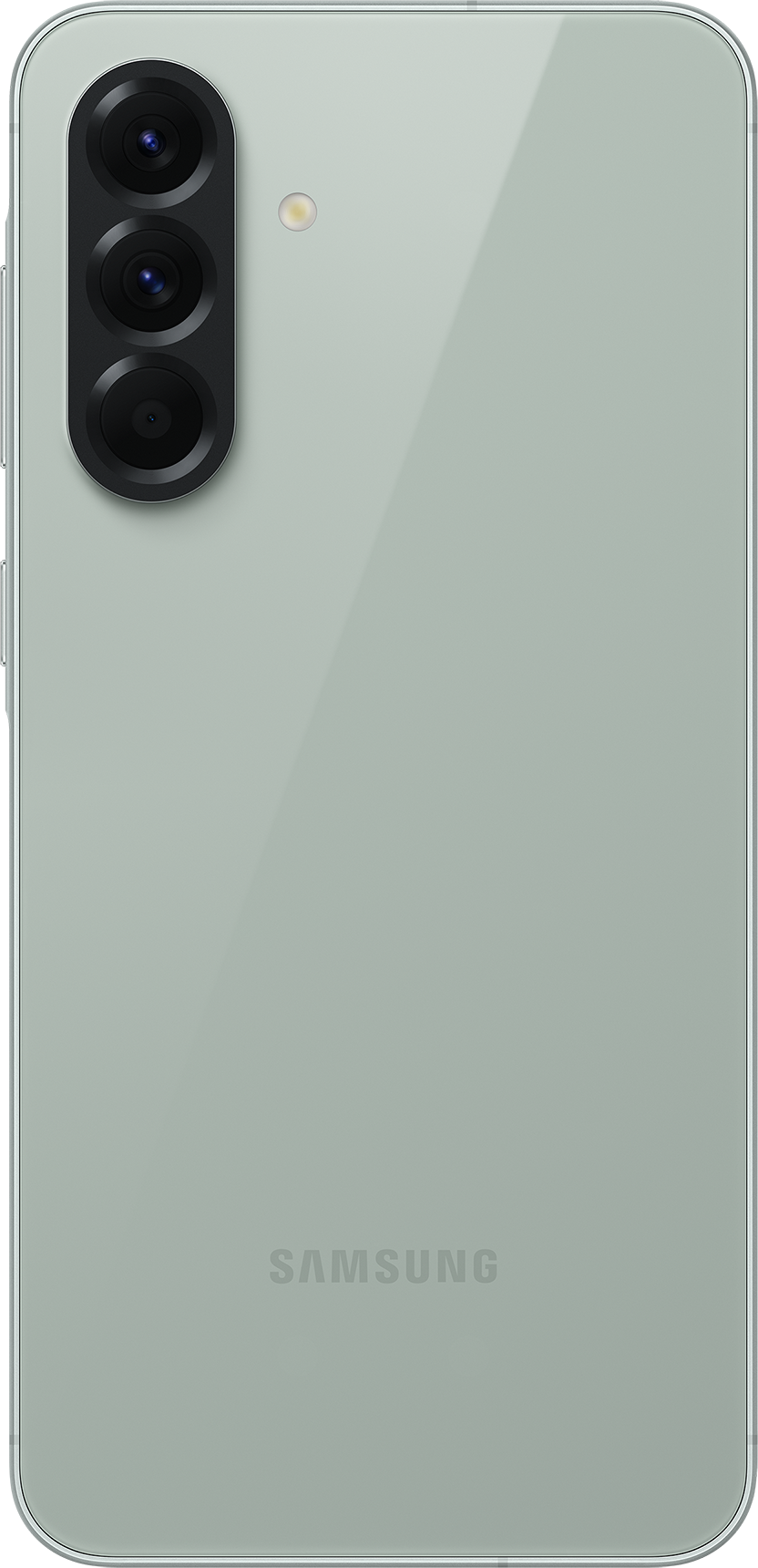Grünliches Smartphone-Rückseite mit drei Kameras und 'SAMSUNG'-Logo.