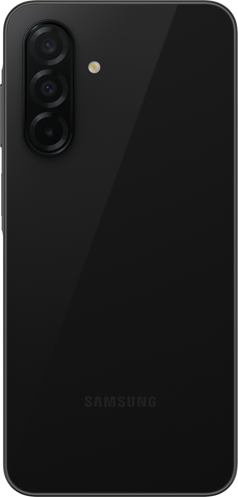 Dos noir du téléphone Samsung, avec trois caméras empilées verticalement et un flash. Le logo Samsung est en bas.